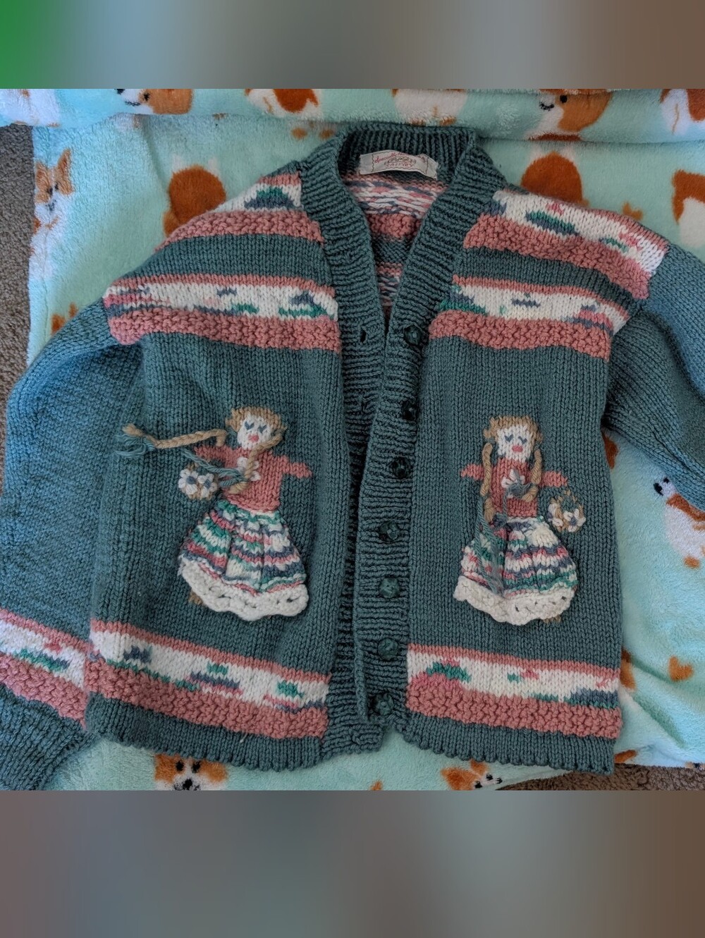 Vintage Hand Knit Kids Cardigan Sweater 3D Rag Doll Applique Teal Pink Pastel